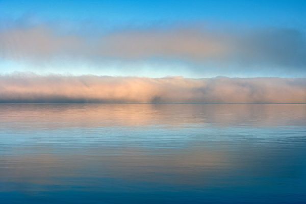 Canada-Ontario-Rossport Fog on Lake Superior at sunrise